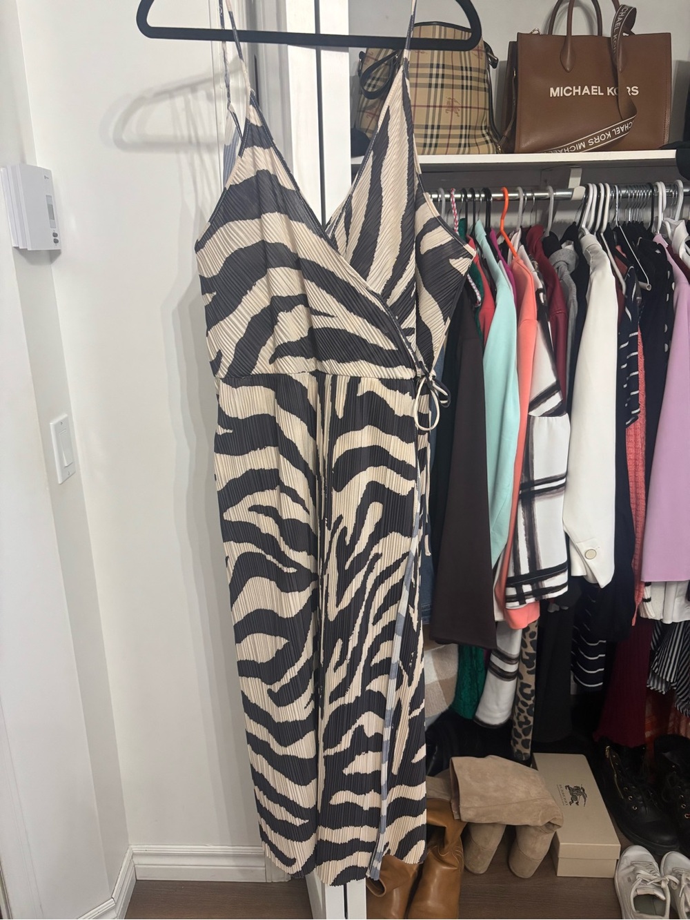 H&M Black and Cream Zebra-Print Midi Dress